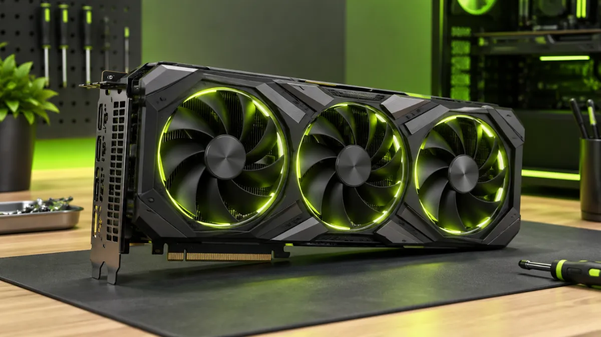 A large graphics card with glowing fans on a clean workbench