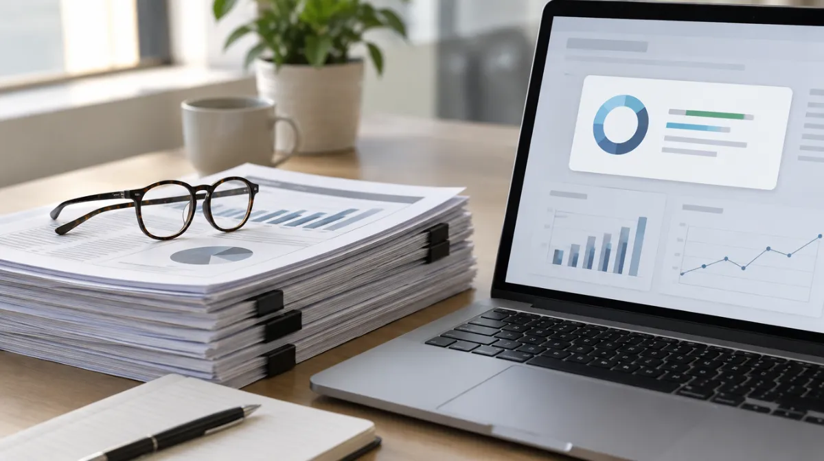 A stack of printed reports next to a laptop with a highlighted summary on screen